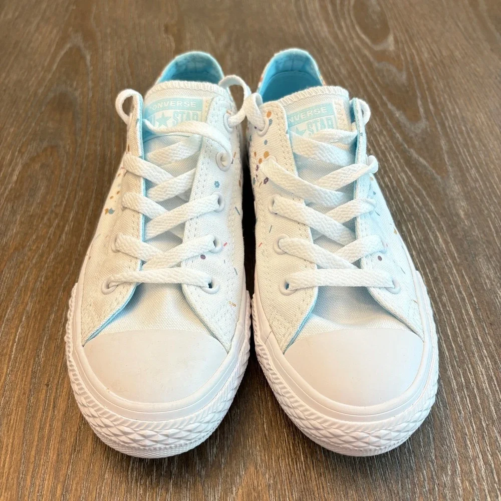 Converse Junior Size 2 All Star Low‎ Top Confetti Sneakers White Cyan